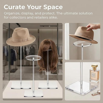 Clear Hat Display Stand 12 Inch, Acrylic Wig Stand for Wigs, Baseball Caps, Fedoras & Lightweight Hats, Medium Tabletop Holder for Closet, Salon, Boutique