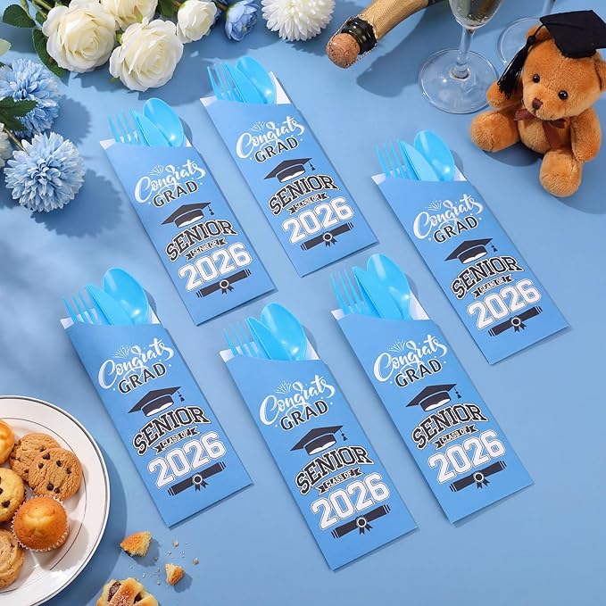 Funnymoom 400 Pcs 2026 Graduation Wrapped Silverware Bags Holder - Disposable Dinnerware Set Includes Plastic Spoons Knives and Forks, Class of 2026 Parties School Congrats Supplies(Blue)