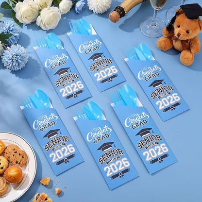 Funnymoom 400 Pcs 2026 Graduation Wrapped Silverware Bags Holder - Disposable Dinnerware Set Includes Plastic Spoons Knives and Forks, Class of 2026 Parties School Congrats Supplies(Blue)