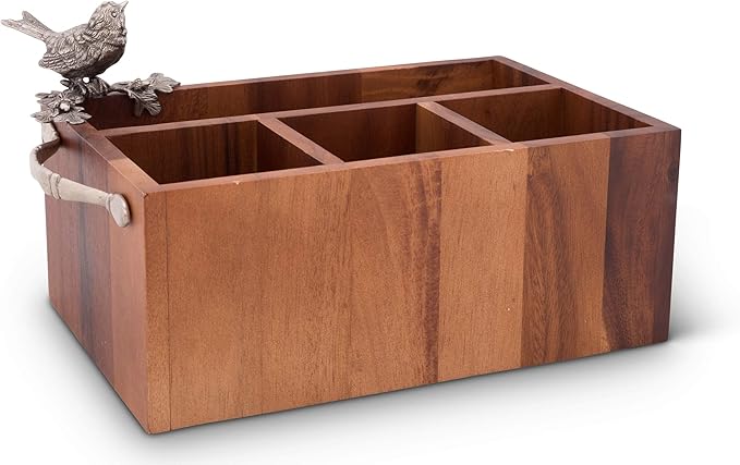 Vagabond House Caddy Rectangle Acacia Wood Flatware/Serve ware/Utensil/Carry-All Holder Solid Pewter Song Bird Accent and Real Leather Handles, 3 Small and 1 Larger Compartment 13.5 inch Long