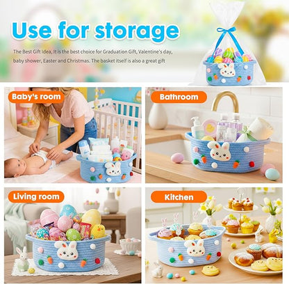 ShellKingdom Empty Gift Basket with Gift Bags and Ribbon, Birthday Basket for Boys Girls, Storage Woven Basket with Handles for Home Organizer, 12 X 8 X 5 INCH, Easter Blue