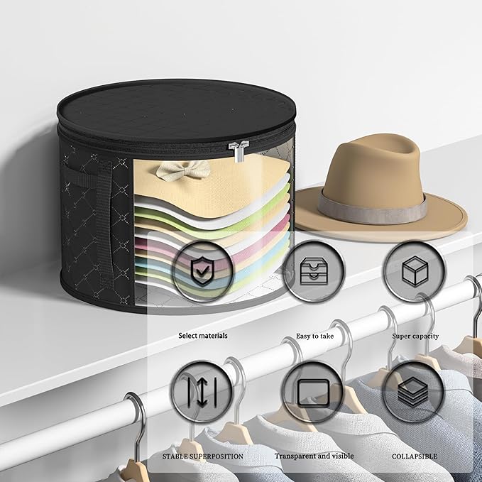 Veki 2pack Clear Hat Organizer for Closet, Hat Boxes for Women Storage With Dustproof Lids, Hat Box for Travel and Storage, Cowboy Hat, Stackable Round Brim Hats Organizer Bag Container (Pure Black)