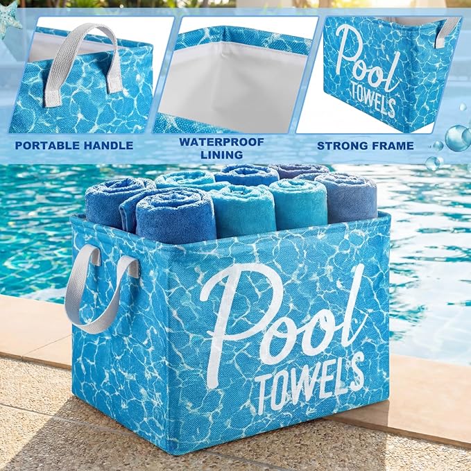 Yungyan Pool Towel Storage Basket Bin and Organizer Large Pool Towel Storage Basket Waterproof Canvas Cube with Handle Beach Gift for Outdoor Summer Seaside Home Clothes Books Toys Organization, Blue