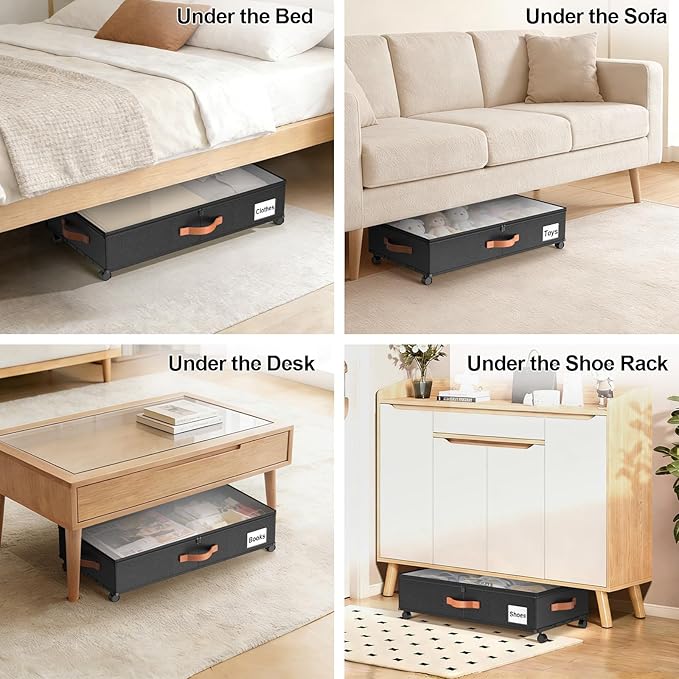 Under Bed Storage Containers with Wheels Large Underbed Shoes Blankets Clothes Toy Storage Drawers for College Dorms Bedrooms Nursery Rooms Organization (Black 2 Pack, 6.6in height(30.3"x15.7"x6.6"))