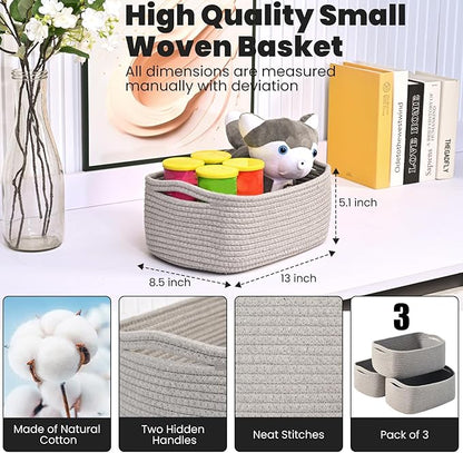 ICERZCZ Small Grey Baskets for Organizing, Gray Storage Basket for Shelves, Woven Baskets for Storage, Small Organizer Basket for Décor Gifts, 13"×8.5"×5.1" (3 Packs) Grey