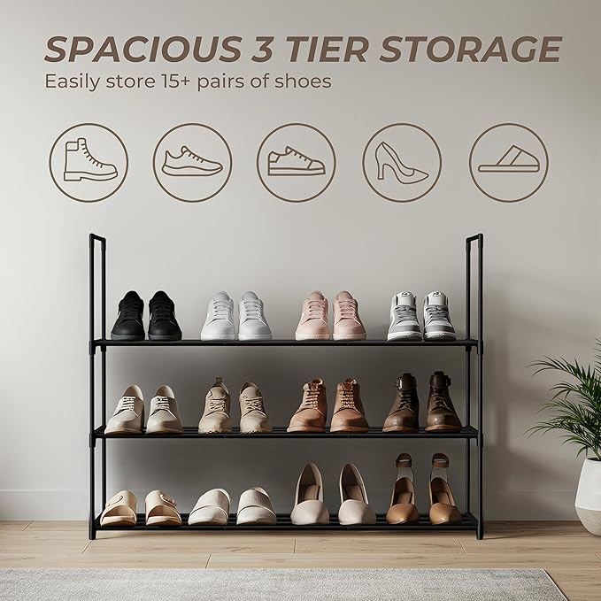 Black 3 Tier Shoe Rack, 36" Large Shoe Shelf Holds 15 Pairs of Shoes, Heavy Duty Shoe Rack for Entryway, Bedroom, Closet, Up to 22 lb Weight Capacity, Space-Saving and Easy to Assemble