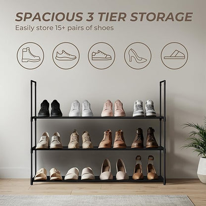 Black 3 Tier Shoe Rack, 36" Large Shoe Shelf Holds 15 Pairs of Shoes, Heavy Duty Shoe Rack for Entryway, Bedroom, Closet, Up to 22 lb Weight Capacity, Space-Saving and Easy to Assemble