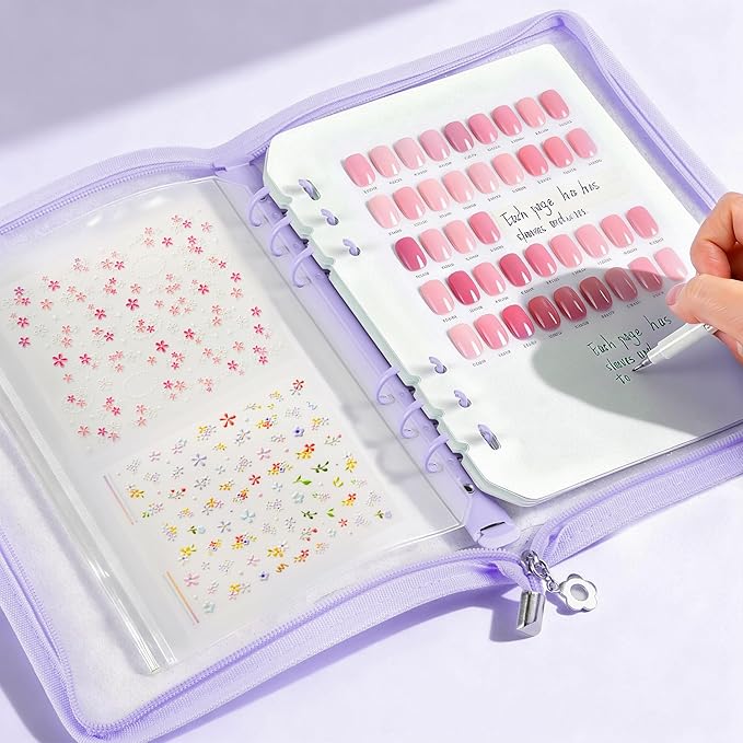 18PCS Press On Nail Organizer Clear Empty Press on Nail Packaging Set with 8 Insert Pages,8 nail double tape and 1 Zipper Pocket for Fake Nail Storage Nail Art Salon (purple)