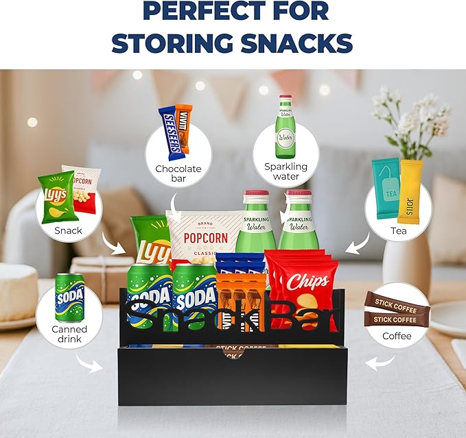 Snack Bar Organizer – Black 3 Compartment Station with Drawer, Countertop Pantry Organizer for Kitchen, Office Food Holder, Candy Storage Bin, Display Stand, Cabinet Tray & Shelf