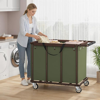 FAVOOSTY 470L Heavy Duty Commercial Laundry Cart with Wheels,Industrial Rolling Laundry Hamper, Extra Large Laundry Basket, Metal Frame for Hotel/Hospital/Home, 440lbs (Green)