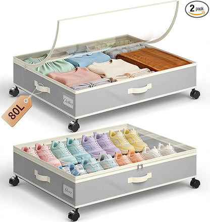 Yecaye 80L Under Bed Storage with Wheels, 2 Pack Under Bed Storage Containers with Lids for Clothes, Shoes and Blankets, Metal Rolling Underbed Storage Drawers for Bedrooms and Dorms, Grey