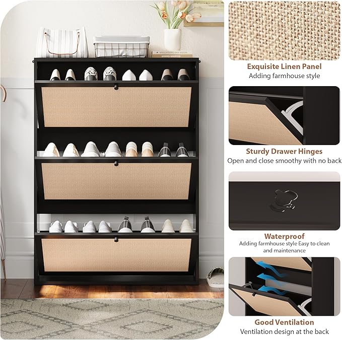AVZEAR Narrow Shoe Storage Cabinet for Entryway with Natural Linen Panel, Freestanding Slim Shoe Cabinet with 3 Flip Drawers, Wood Shoe Organizer Closed Shoe Rack for Hallway, Living Room(Black)