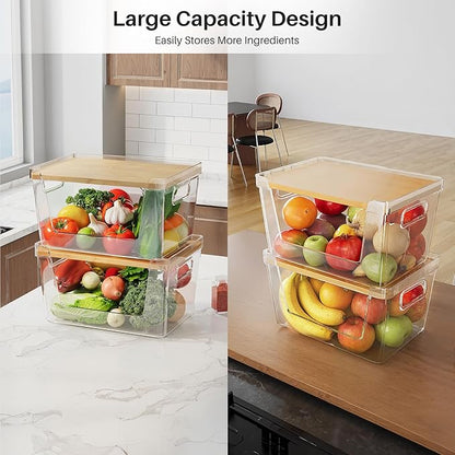 2 Set Pantry Organizer and Stackable Storage Kitchen,Sturdy and Durable Storage Basket for Potato, Onion, Garlic, Fruit, Vegetable, Produce, Clear Plastic Storage with Lid&Handle