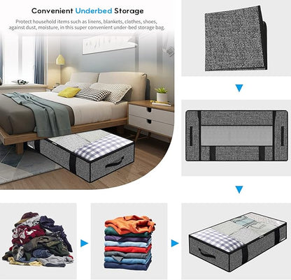 Onlyeasy Foldable Underbed Bags - 2 Pack Blankets Clothes Comforters Storage Bag Breathable Zippered Organizer for Bedroom with Clear Window and 4 Handles, 100 x50 x15cm, Linen-Like Black, MXAUBBP2