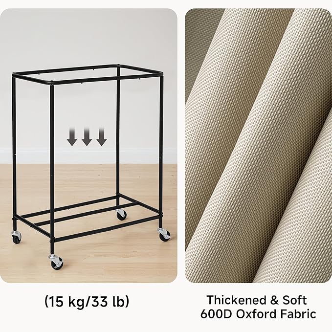 StorageWorks Laundry Hamper 2 Section, 100L Rolling Laundry Sorter Cart with Removable and Washable Liner Bag, Clothes Hamper with Wheels and Handle for Laundry Room and Bedroom, Light Khaki