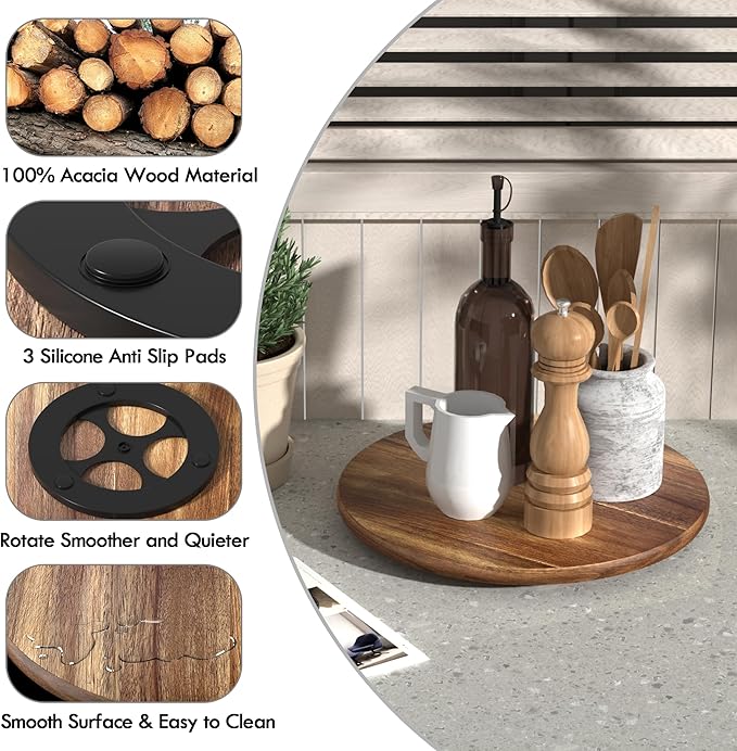 Lazy Susan for Table Top Bamboo Lazy Susan Turntable for Cabinet Kitchen Countertop Organizer for Condiment Bathroom Counter Organizer Decor Sink Tray Acacia Wood 12 Inch