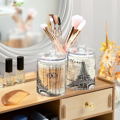 Apothecary Jars Bathroom Storage Organizer with Lid - 14 oz Qtip Holder Storage Canister, Paris Eiffel Tower Clear Plastic Jar for Cotton Swab, Cotton Ball, Floss Picks, Makeup Sponges,Hair Cl