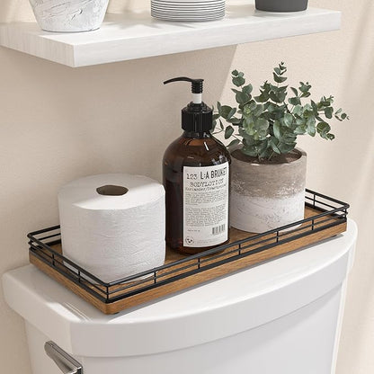 Oak Bathroom Toilet Tank Tray, 13" Wood Back of Toilet Paper Storage Tank Topper Basket, Vanity Tray for Perfume Makeup Candle Toiletry Organizer for Kitchen Coffee Table Walnut Tray Decor