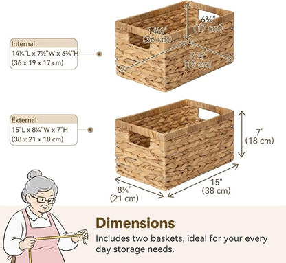 GRANNY SAYS Wicker Storage Baskets for Shelves, Wicker Baskets for Organizing, Water Hyacinth Woven Basket for Storage, Rectangle Basket for Pantry, Laundry, 2-Pack