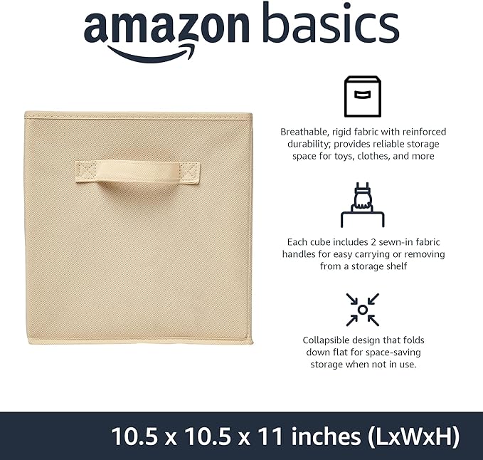 Amazon Basics Collapsible Fabric Storage Cubes Organizer with Handles, Sturdy Storage Bins for Organization, 10.5" x 10.5" x 11", Beige, 6-Pack
