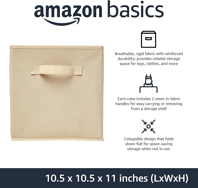 Amazon Basics Collapsible Fabric Storage Cubes Organizer with Handles, Sturdy Storage Bins for Organization, 10.5" x 10.5" x 11", Beige, 6 Count (Pack of 5)