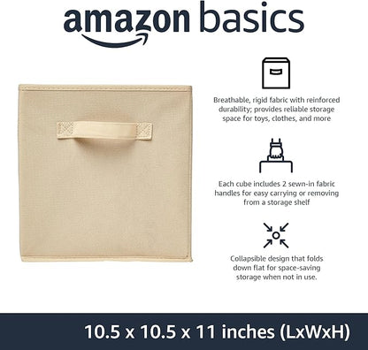 Amazon Basics Collapsible Fabric Storage Cubes Organizer with Handles, Sturdy Storage Bins for Organization, 10.5" x 10.5" x 11", Beige, 6 Count (Pack of 5)