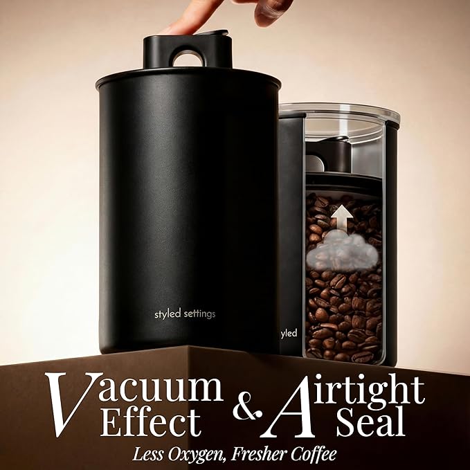 STYLED SETTINGS Coffee Storage Container - Airtight Vacuum Coffee Canister with Scoop and Label - Matte Black Canister Holds 1lb Beans or Grounds, Dual-Lid Freshness System - Perfect for Gifting