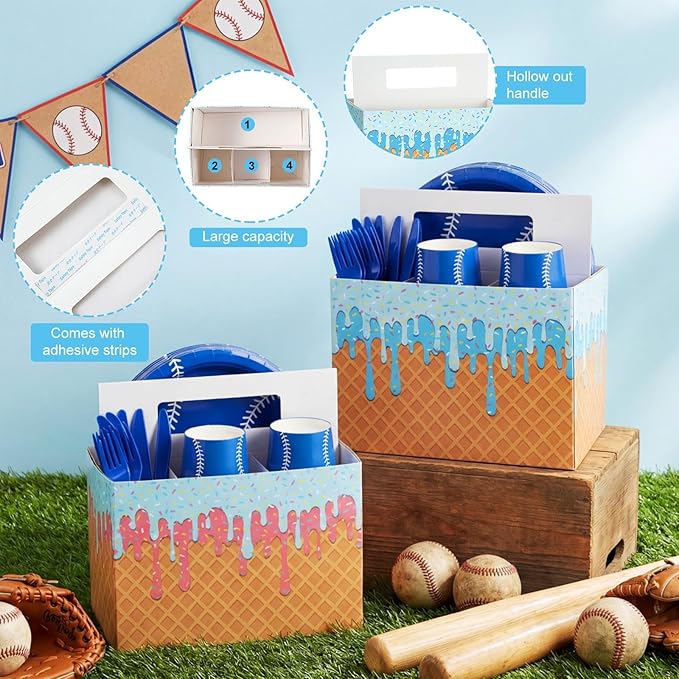 Tinlade 2 Pcs Ice Cream Utensil Holder Disposable Utensil Caddy for Baseball Ice Cream Drip Party Organize Disposable Plates Spoons Paper Cups Cutlery Caddy with Handles for Birthday Party Supplies
