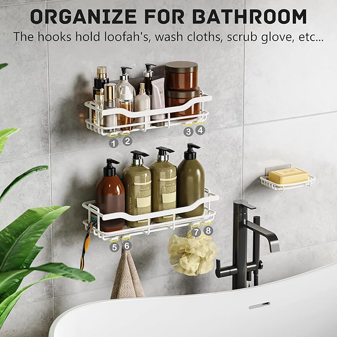 OMAIRA 3-Pack Shower Caddy with Soap Holder, Adhesive Rustproof No-drill Strudy Loading Inside Shower Organizer Shelves Rack Storage Bathroom Organization for Smooth Wall Glass Tile, White (X-Large)