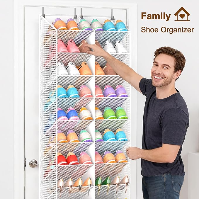 UVIAHOMI 20-30 Pairs Over the Door Shoe Organizer, Breathable Pocket Hanging Shoe Storage for Closet, 10-Tier Door Shoes Rack, Handing Shoes Holder Fit All the Family's Sneakers, Boots, Heels, White