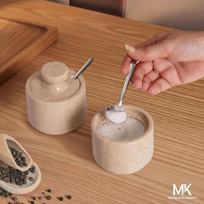 MARBLOUS KRAFTS Marble Salt Cellar 3" Inch Verona Stone Salt Container for Gift for Mom, Ideal Set of 2 Coffee Storage Container Kitchen Countertop, Candy Jars with Lids and Spoons, Spice Storage