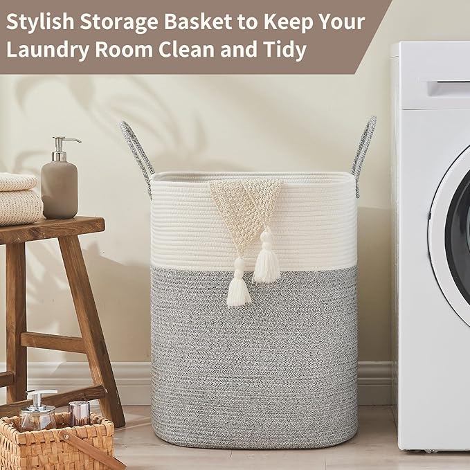 AINUOQI Laundry Basket with Handles - Blanket Basket & Hampers for Bedroom Aesthetic, Laundry Hamper & Blanket Storage for Living Room, Clothes Hamper, Tall, Large 17" x 14" x 24”, White & Grey
