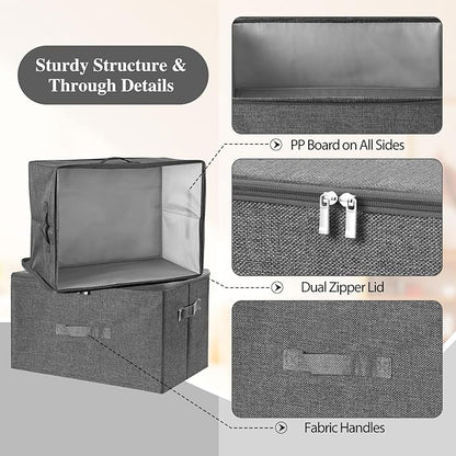ANMINY 3PCS Storage Bins with Zipper Lids 36 Qt Lidded Fabric Storage Boxes Baskets Cubes with Handles Collapsible Washable Cotton Linen Closet Shelf Clothes Organizer Containers - Gray, Large