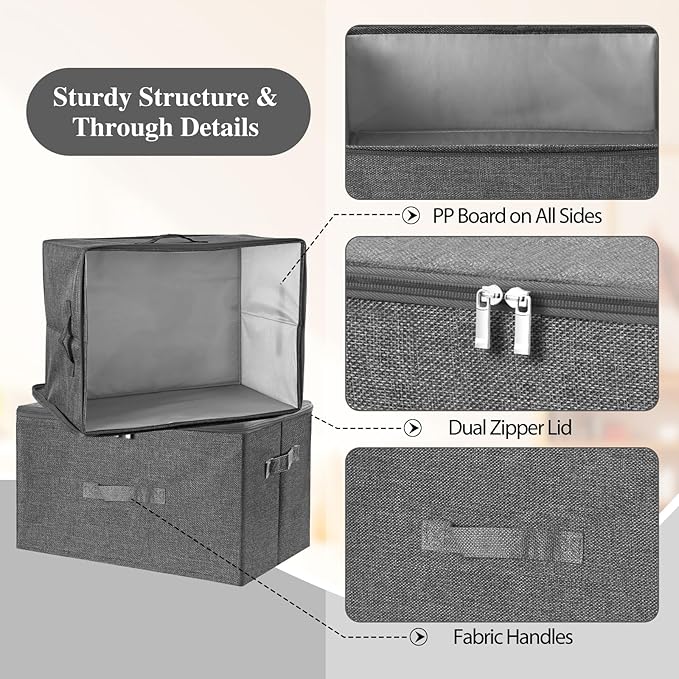 ANMINY Storage Bins with Zipper Lids 36 Qt Lidded Fabric Storage Boxes Baskets Cubes with Handles Collapsible Washable Cotton Linen Closet Shelf Clothes Organizer Containers - Gray, Large