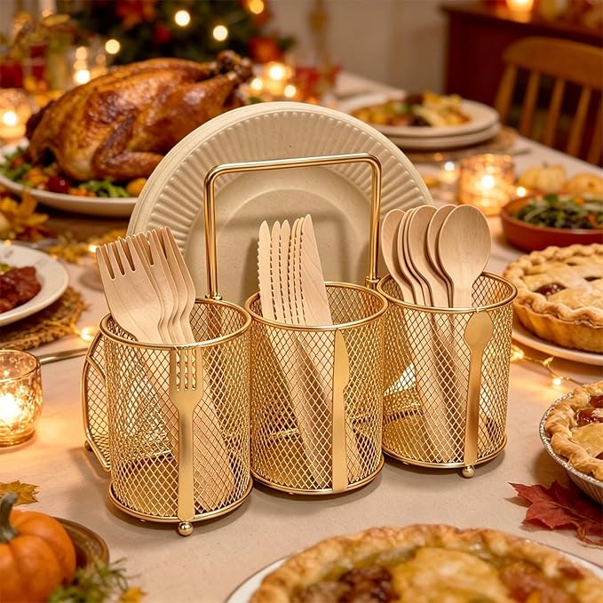 Silverware Organizer Utensil Caddy - 4 Compartment Metal Cutlery Holder Flatware Storage Basket Fork Spoon Napkin Paper Plate Kitchen Countertop Party Picnic Camping Buffet Outdoor (Gold)