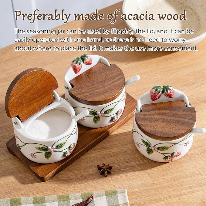 Salt Cellar, 13.5 oz Ceramic Salt Cellar with Lid and Spoon - Strawberry 3D Relief Design Seasoning Jar with Acacia Wood Lid, Suitable for Salt, Sugar, Pepper - Kitchen Countertop Storage Container