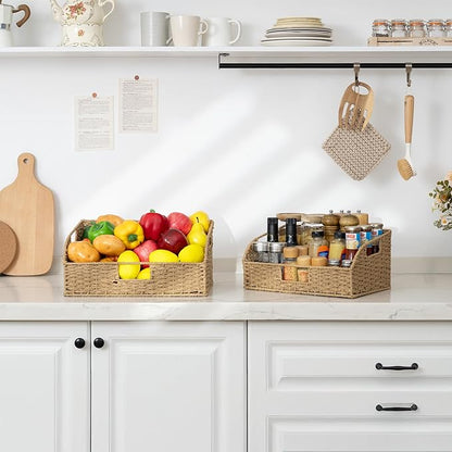 StorageWorks Pantry Baskets for Organizing, Paper Rope Storage Baskets for Shelves with Built-in Handles, Pantry Organizers and Storage, Natural, Set of 2 (Large and Medium)