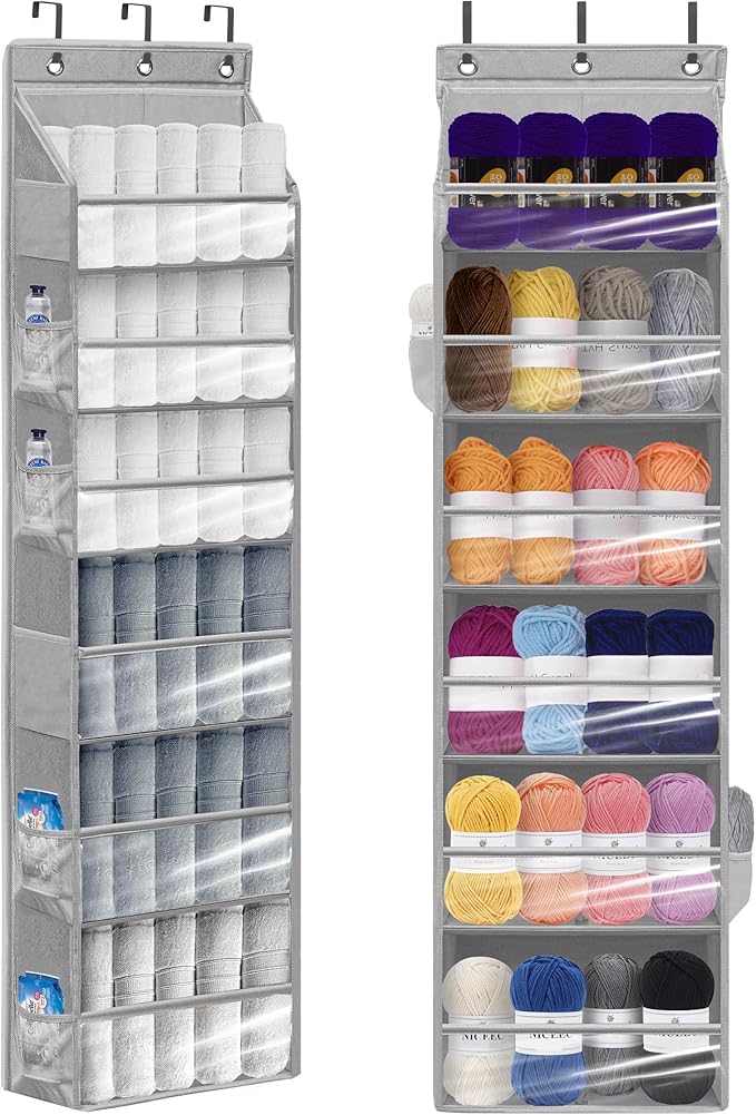Over Door Organizer with 6 Extra Large Pockets and 12 Side Pockets, Large Capacity Hanging Storage Organizer with Clear Window for Shoes, Diapers, Grey, 6 Layers, 1-Pack