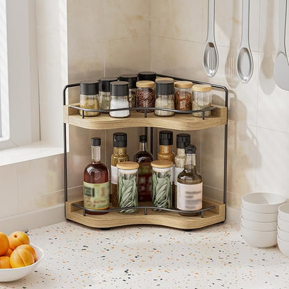2-Tier Corner Bathroom Counter Organizer with Embedded Screw Holes, Secure & Stable Wood Vanity Shelf for Makeup and Skincare Essentials - Space Saving Bathroom Countertop Storage, ‎‎Light Walnut