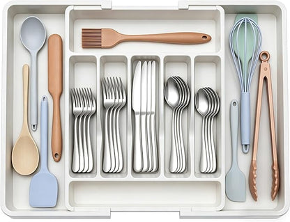 Silverware Drawer Organizer, Plastic Cutlery Storage for Kitchen Drawer, Adjustable Cutlery Organizer, Large Cutlery Tray for Spoons Forks Knives, White