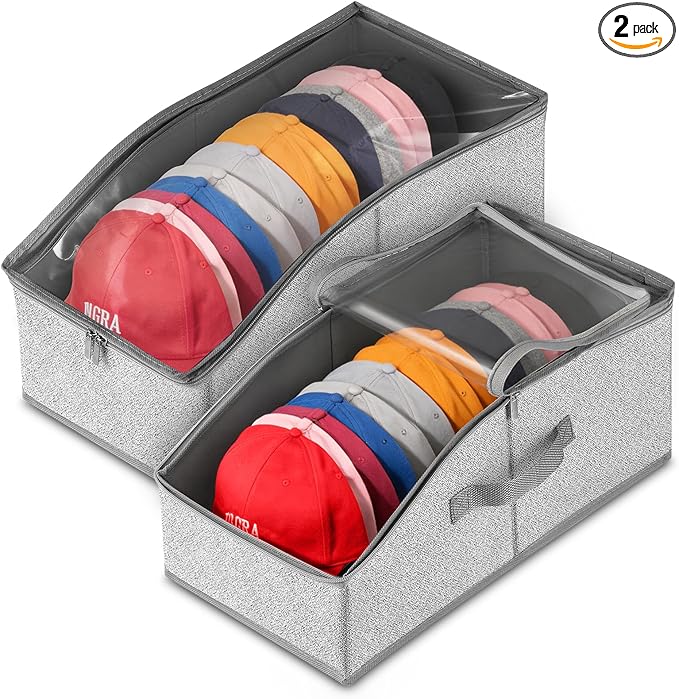 2PCS Hat Storage for Baseball Caps - Stackable Hat Organizer for Closet, Holds up to 30 Caps with Clear Window, Space-Saving Hat Box for Home Storage, Breathable Fabric, Grey