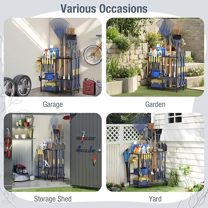 Garden Tool Organizer, Metal Yard Tool Organizer,Holds 70 Long-Handled Tools/Rakes/Brooms,Side Garden Pocket,Heavy Duty Steel Yard Tool Storage Rack for Garage,Shed, Outdoor(Black-Large)
