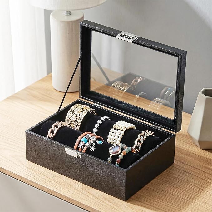 Bracelet Display Holder with Rods for Bangles Watches, Jewelry Organizer Box Storage Case with Clear Lid (Black)
