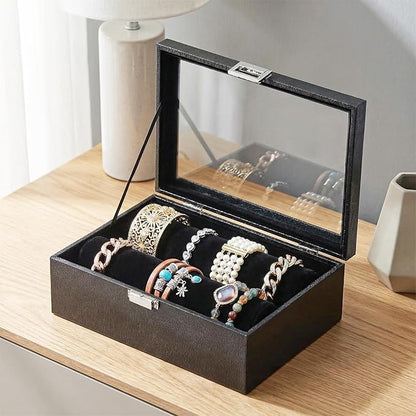 Bracelet Display Holder with Rods for Bangles Watches, Jewelry Organizer Box Storage Case with Clear Lid (Black)