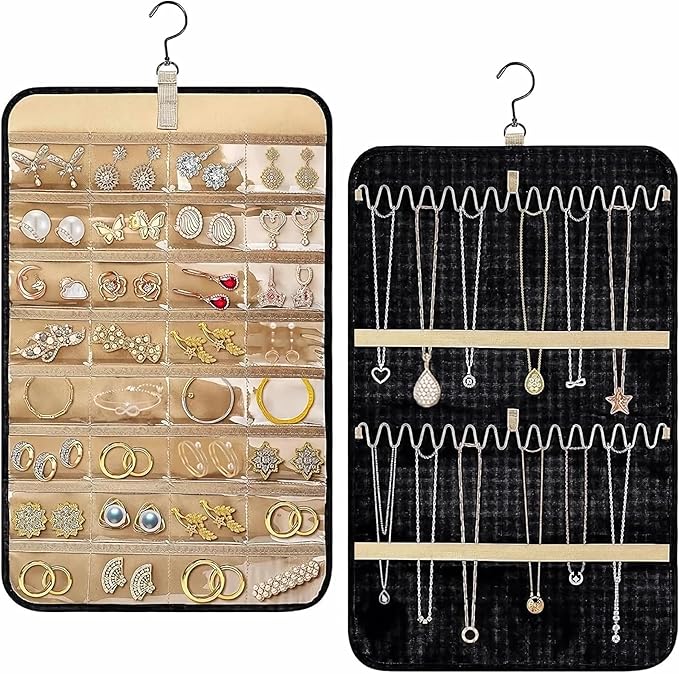 Longzhuo Jewelry Organizer, 2 Sided Necklace Holder, with 360 Degree Rotating Hook, Jewelry Holder for Travel, Earrings, Necklaces, Rings on Closet, Wall, Door, Black (12.99 x 21.65 inches)