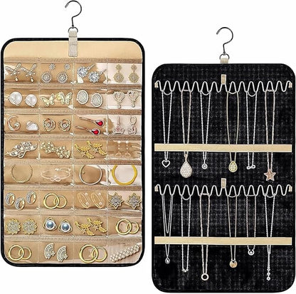 Longzhuo Jewelry Organizer, 2 Sided Necklace Holder, with 360 Degree Rotating Hook, Jewelry Holder for Travel, Earrings, Necklaces, Rings on Closet, Wall, Door, Black (12.99 x 21.65 inches)