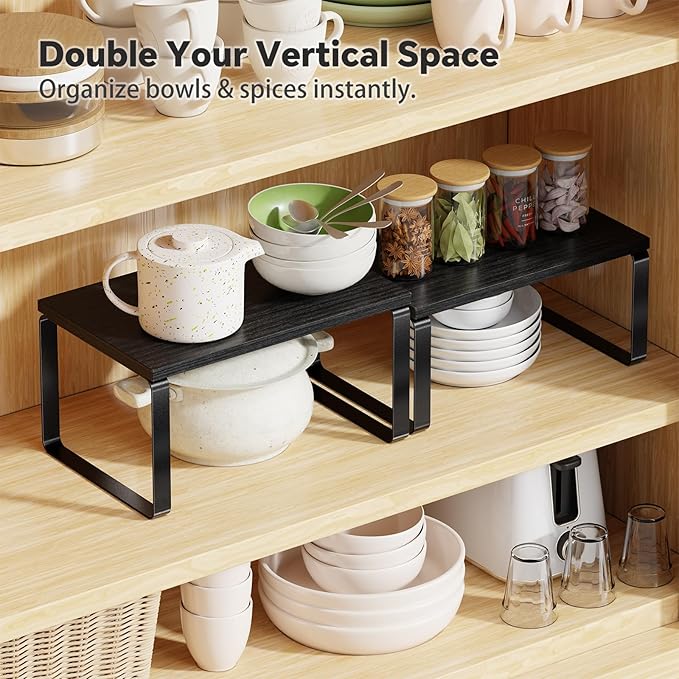 Simple Trending Cabinet Organizer Shelf, Set of 2 Stackable Kitchen Counter Shelves, Expandable Spice Rack Kitchen Storage Riser, Metal Engineered Wood, Black