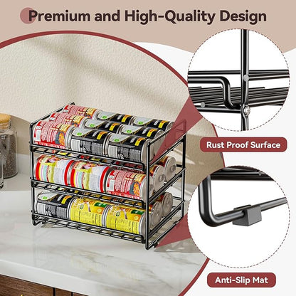 SUFAUY 3 Tier Can Organizer for Pantry, Holds 36 Cans, Heavy Duty Metal Shelves for Storage, Black