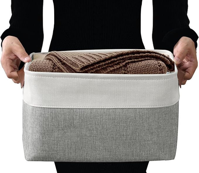 DECOMOMO Storage Bins, Large Fabric Storage Baskets for Shelves, Decorative Linen Closet Organizer, 15 x 11 x 9.5 inches (Grey & White, 3 Pack)