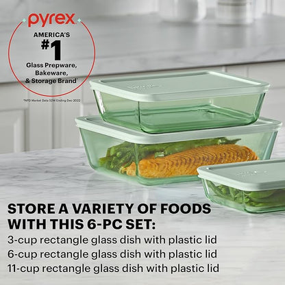 Pyrex Colors Tinted (6-PC Large) Medium/Large Rectangle Food Storage Container Set, Snug Fit Non-Toxic Plastic BPA-Free Lids, Freezer Dishwasher Microwave Safe, 3 Cup, 6 Cup & 11 Cup